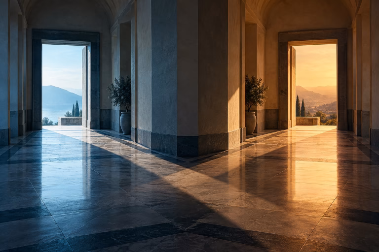 Two architectural passages in different light, suggesting two places at once.